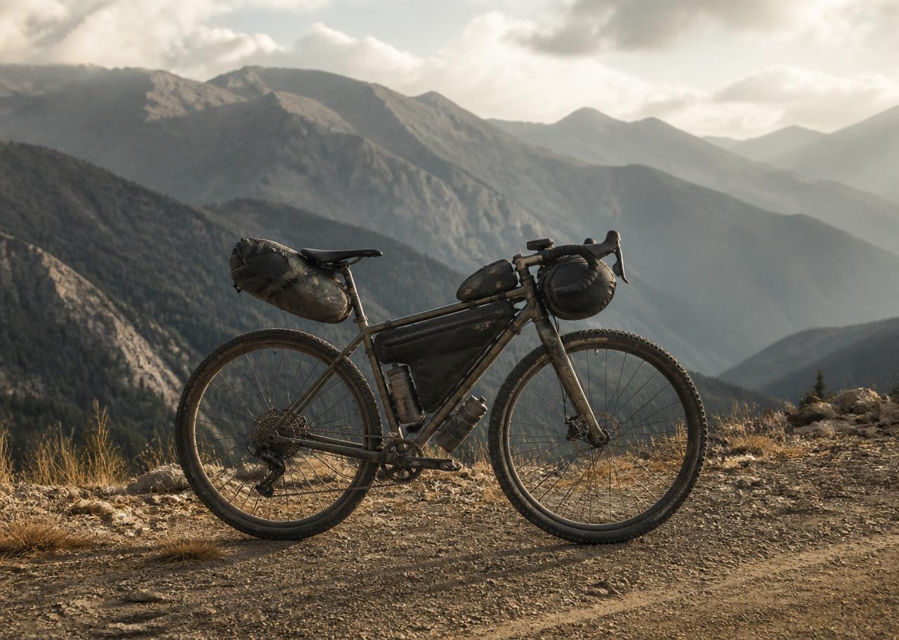 Bicicleta equipada com bolsas de bikepacking em estrada de montanha